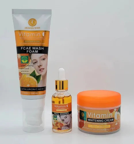 SET DE 3 PIEZAS HIDRATANTE VITAMINA C Y ACIDO HIALURONICO ESPUMA FACIAL 120G,ACEITE FACIAL 30ML,CREMA BLANQUEADORA 120G